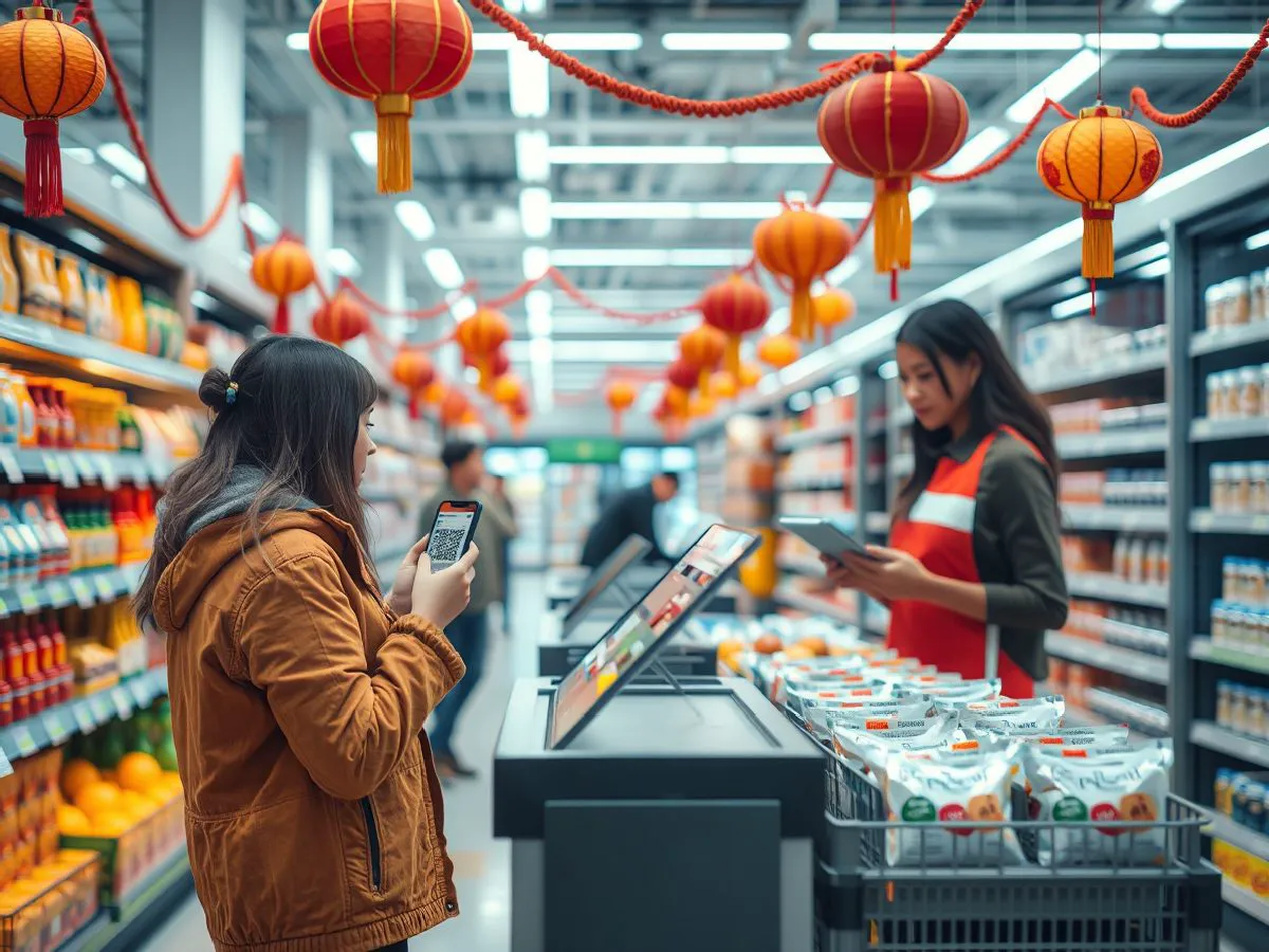 连锁超市门店内,顾客用手机扫描活动二维码,工作人员在旁引导